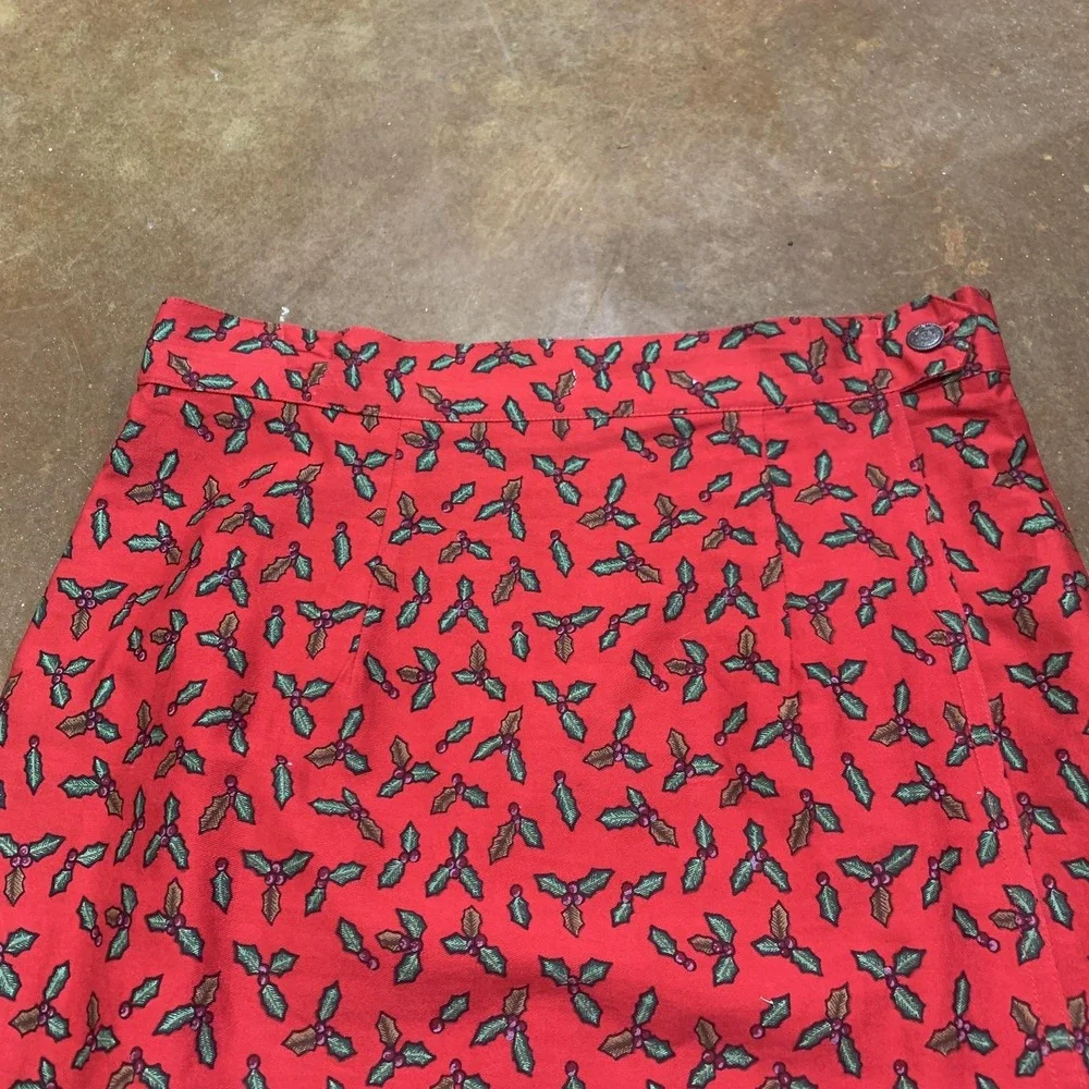 Sun River Skirt Womens Medium Red Christmas Holly Poinsettia Border Print Cotton